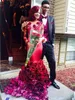 2016 Sexy Africano Borgonha Sereia Vestidos de Baile com Floral Rose Manga Comprida Formal Vestidos de Festa de Alta Pescoço Aberto Para Trás Vestidos de Noite Applique