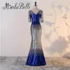 MODABELLEシルバーロイヤルブルースパンコールマーメイドロングイブニングドレス半袖の床の長さフォーマルイブニングドレス
