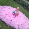 Sparkly Colorful Pink Wedding Dress Ball Gown Puffy Tulle Coret Top Luxury Beaded Bodice Sweetheart Halsband Brudklänningar