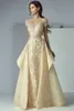 2018 Luxury Gold Prom Dresses Lace Applique Evening Gowns Off Shoulder Overskirt Middle East Plus Size Special Occasion Dresses