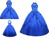 Vestidos de quinceanera klänning hög nacke kunglig blå maskerade boll klänningar tulle applique sequined keyhole back prom sweet 16 klänningar