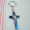 MIC 60Pcs Blue Color enamel Alloy Jesus Christ Cross charm Chain key Ring DIY Jewelry6804636