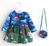 Girls Print Dresses Winter Princess Floral Dress With Flower Bags Fashion Long Sleeve Dress Animal Party Costume Kids Baby Clothes B2710