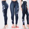 Jean taille haute pour femmes, style européen et américain, pantalon extensible avec broderie rose bleue