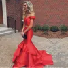 Modest 2020 Red Off Shoulder Two Pieces Mermaid Prom Dresses Long Sexy Ruffle Tiered Formal Dresses Party Evening Custom Made EN11136