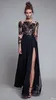 Elegante Black Lace Applique Vestidos de Noite Com Ilusão de Manga Longa 2017 Chiffon Até O Chão Side Dividir Vestidos de Baile Formal Vestidos de Festa