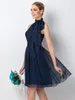 Navy Blue Short Bridesmaid Dress High Neck Chiffon Maid of Honor Dress For Junior Wedding Party Gown232F