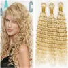 Hot Sale Russian Blonde Hair 3 Pcs Human Hair Bundles 613 Deep Wave Hair Deep Curly Hair Extensions Double Weft Free Shipping