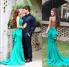 Nieuwste 2017 Groene Hunter Blue Custom Made Mermaid Prom Jurken Vierkante Neck See door Backless Ruffle Special Occasions Town Sweep Train