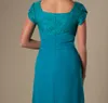 Teal Vintage Lace Chiffon Modest Bridesmaid Dresses With Cap Sleeves Long Floor Temple Wedding Party Dresses Maids of Honor Dresses