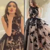 Vintage Sheer Black Lace apliques Prom Dresses A Linha Bateau Neck mangas Champagne Tulle Longa Noite Formal vestidos de festa personalizada