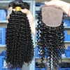 7A Mongolian Kinky Curly Hair Livre Parting 4 * 4 Fecho de Base de Seda Com Bundles De Cabelo 3 Pcs Cabelo Humano Encaracolado Com Fechamento De Seda 4 Pcs / Lot