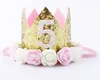 Hot New Gold Baby 1-9st Urodziny Party Crown Crown Sztuczne Różowe i Kremowe White Rose Flowers Tiara Headband Hj152