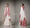 Arabic Kaftans Traditional Abayas for Muslim High Neck White Chiffon Red Embroidery Arabic Evening Gowns with Coat Formal Mother Dress 231