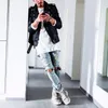 Ny Höst Distressed Skinny Ripped Hip Hop Jeans Mens Big Hole On Knee Swag Streetwear Kläder förstör denimbyxor