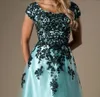 Różowy i czarny Długie Modest Prom Dresses z Cap Cap Rękawy Koronki Tulle Aplikacje A-Line Girls Formalne Prom Suknie Wieczór średniej