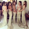 Bling Sexy Gold Sequins Bridesmaid Halter Neck Illusion Back High Split Evening Dresses Appliques Long Maid Of Honor Gowns