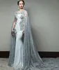 Elegant Arabic Beaded Evening Dresses With Long Lace Cape Sheer Jewel Neck Sequined Prom Gowns Mermaid Vestidos Festa Appliqued Formal Dress