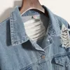 Groothandel - waar is mijn geest? Korea Washing Frayed Embroidery Brief Patch Jeans Bomber Jacket Light Blue Ripped Denim Coat Daylook