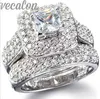 Vecalon 130 pcs topázio simulado diamante cz anel de banda de casamento conjunto para mulheres 14kt branco ouro cheio de festa