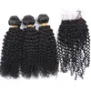 Afro Kinky Curl Brazilian Hair Bundles With Closure Human Hair Weaves Extensions 3Bundles With Lace Closure 4x4 Free Part Natural Color 1B