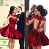 Ücretsiz Kargo Promosyon Bordo Popüler Bordo vestido de dresses curto vermelho Asalet Gazlı Bez Yüksek Boyun Kısa Gelinlik Modelleri