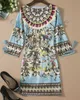 Vintage Print Women Sheath Dress Tassel 3/4 Sleeve Mini Dresses 098A695