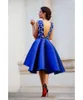 Ny Sexig Royal Blue Plunging V Neck Backless Short Cocktail Dresses spets Satin Homecoming Dresses Hi Lo Arabic Plus Size Prom Part6941412