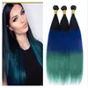 Malezya # 1B Mavi Teal Ombre Saç Örgü Koyu Kökleri Üç Ton Renkli İnsan Saç Uzantıları Düz ​​Bakire Ombre Saç Demetleri 3 Adet Lot