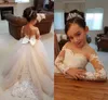 Long Sleeves Flower Girls Dresses With Lace Appliques Beads Bow Sheer Neckline Girl Pageant Dress Sexy Back Birthday Kids Communion Dress