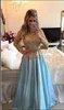 Charming Light Blue Gold Lace Evening Pageant Dresses Long Sleeve beaded belt middle east country Prom dresses Party Gown Dress