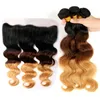 Body Wave 1b 4 27 Honey Blonde Human Hair Bundles With Lace Frontal Closure Dark Roots Hair Wefts With Lace Frontal 13*4