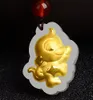 Collier et pendentif de talisman de singe de dessin animé du zodiaque chinois en jade incrusté d'or