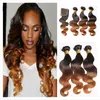 # 1B / 4/30 Medio Auburn Ombre Pelo humano de la Virgen brasileña 3 Bundles con cierre Body Wave Tres tonos Ombre 4x4 Cierre de encaje con tejido