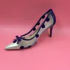 Roze dot vrouwen jurk schoenen puntschoen dunne kitten hak pumps bowtie handamde sexy hoge hakken blauwe jurk schoenen zwart / roze 3 kleuren