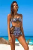 Printed Halter Bikini Wire Free Padded Swimwear High Waist Bandeau Bathing Suit Hollow Out Swimsuit Brazilian Biquini