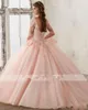 2019 New Long Sleeve Baby Pink Ball Gown Quinceanera Dresses V Neck Lace Appliques Long Prom Sweet 16 Prom Gowns Vestidos De Quinceanera 322