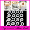 16st / set Kaffebryggare Kaffeverktyg Mögel Cafe Art Barista Stencils Mall Strew Pad Dotter Spray Print Mold Kaffe Hälsoverktyg