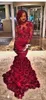 Red Rose Prom Dresses Mermaid Long Sleeves Real Image Formal Evening Dress Dubai Gowns With High Collar Zip Back Floor Length Vestidos