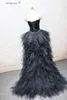 Sexy Hi Lo Black Feathers Evening Dresses Long Prom Gowns Sweetheart Sleeveless Lace-up with zipper back Shining Sash