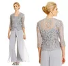 2019 Popular 3 Pieces Mother of the Bride Pant Suits Silver Custom Made Spaghetti Straps Top Long Pants Sheer Lace Jacket with Sleeves