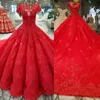 Czerwona Koronkowa Balowa Suknia Ślubna Suknie Hot Hollow Powrót Suknie Ślubne Zakryte Rękawy Sweep Pociąg Bling Wedding Dress Vestidos de Noiva