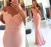 2018 Elegant Blush Pink Long Evening Dress Off the Hall Lace Satin Satin Robe de Soiree Occassione per abito da festa del ballo Abito di alta qualità Forma2479881