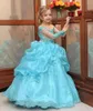 Hellblaue Spitze-Mädchen-Festzug-Kleider mit transparentem Ausschnitt, Pailletten-Applikationen, Ballkleid, Blumen-Mädchen-Kleider für Hochzeiten, Organza-Kinder-Partykleid
