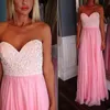 Classic Prom Dress Long Sexy Beaded Pearls Top Sweetheart Neck Sleeveless Pink Chiffon Formal Length Bridesmaid Dress Evening Party Gowns