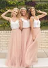 Two Pieces Long Bridesmaid Dresses Spaghetti Silk Like Satin Tulle Floor Length White Pink Country Bridesmaid Gown Beach Wedding Party Dress