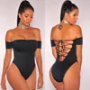 Fashion Slash Neck Bodysuit Women Summer Monokini Sexy Off Shoulder Jumpsuit Lace Up Back Swimwear Slim Leotard