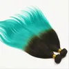 9A Peruvian 1B Teal Two Tone Human Virgin Hair Bundles 3Pcs Lot Silky Straight Extensions Dark Roots Teal Green Ombre Human Hair Weaves