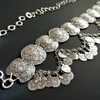 Vintage stil turkisk zigenare silverpläterad legering snidande blommamynt magkedja midja kvinnliga smycken