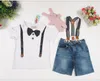 2016 Summer Boy Vêtements 2 pcs Ensemble Garçons Bowknot T-shirt + Denim Jarretelles Pantalons Tenues Enfants Vêtements Grille Outwear Jupe Costume K7643